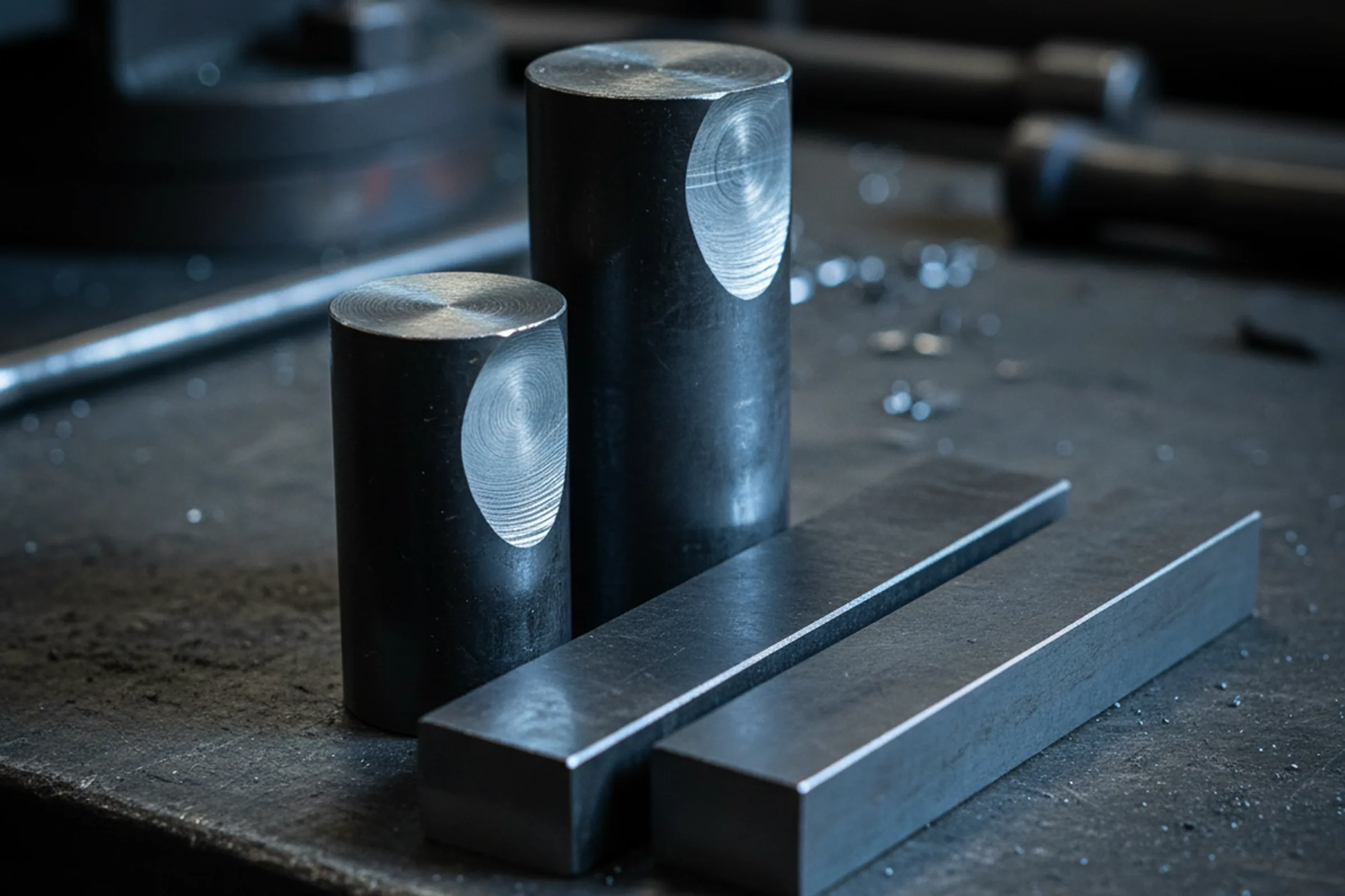 Round and flat tool steel blanks set out for selecting the section a machined part is cut from