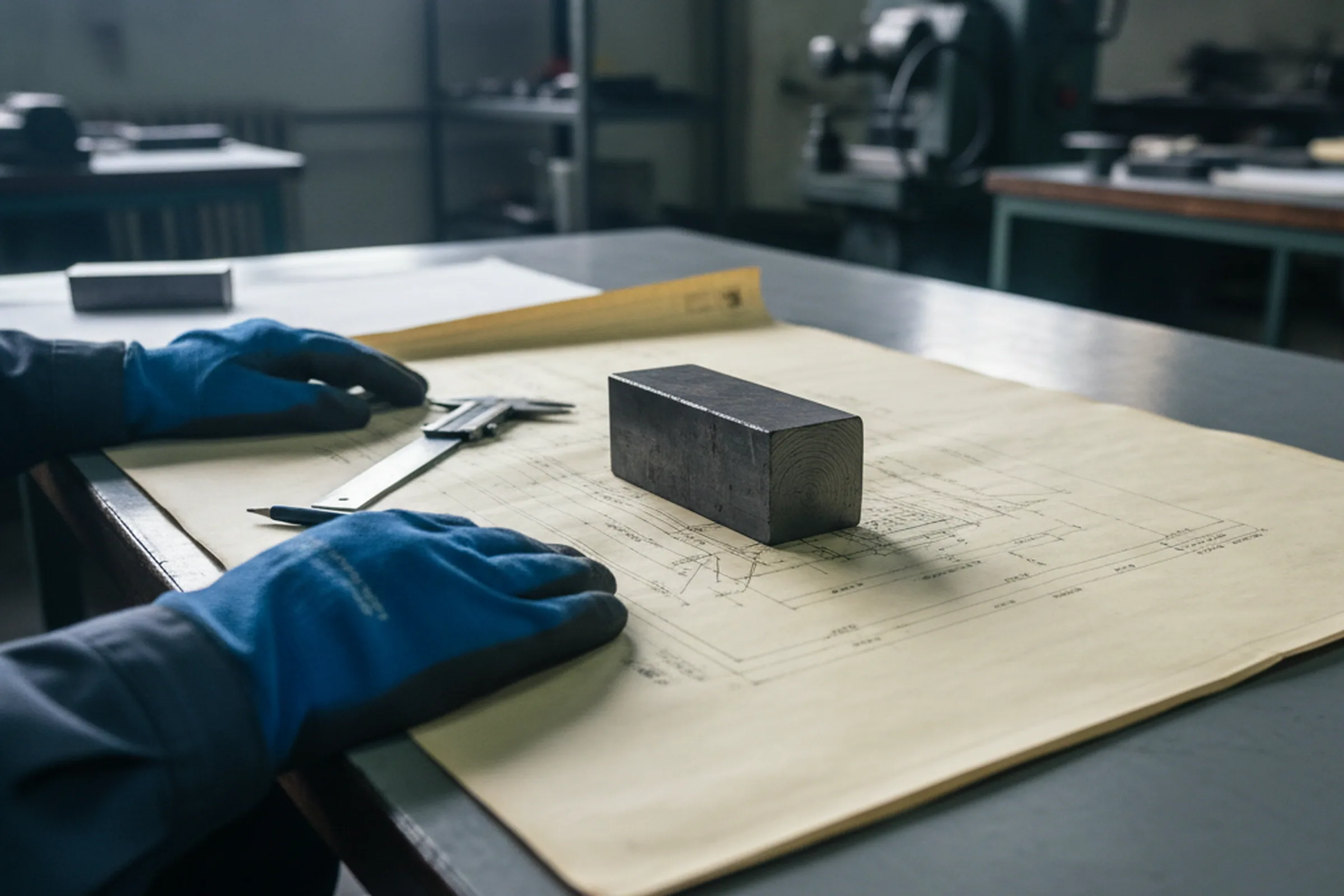 Technical desk reading a part drawing against a tool steel blank before quoting the machining