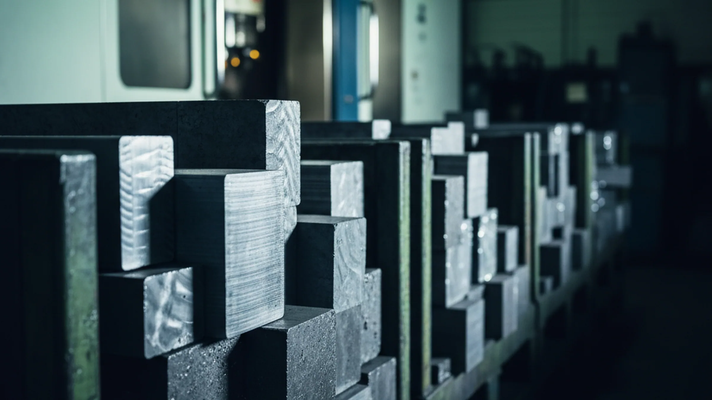 Machined tool steel parts queued at the machining zone against the shop schedule