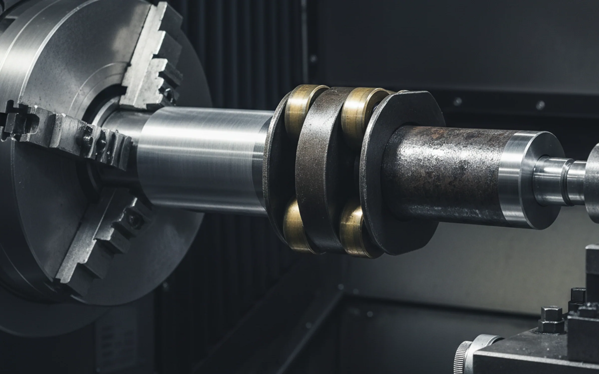 CNC lathe turning a long tool steel bar between centres in the finishing area