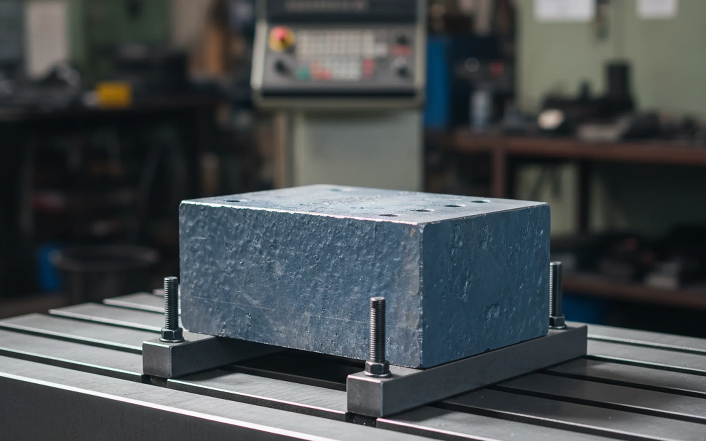 Vertical machining centre with a clamped tool steel block on a 1,600 by 800 mm table