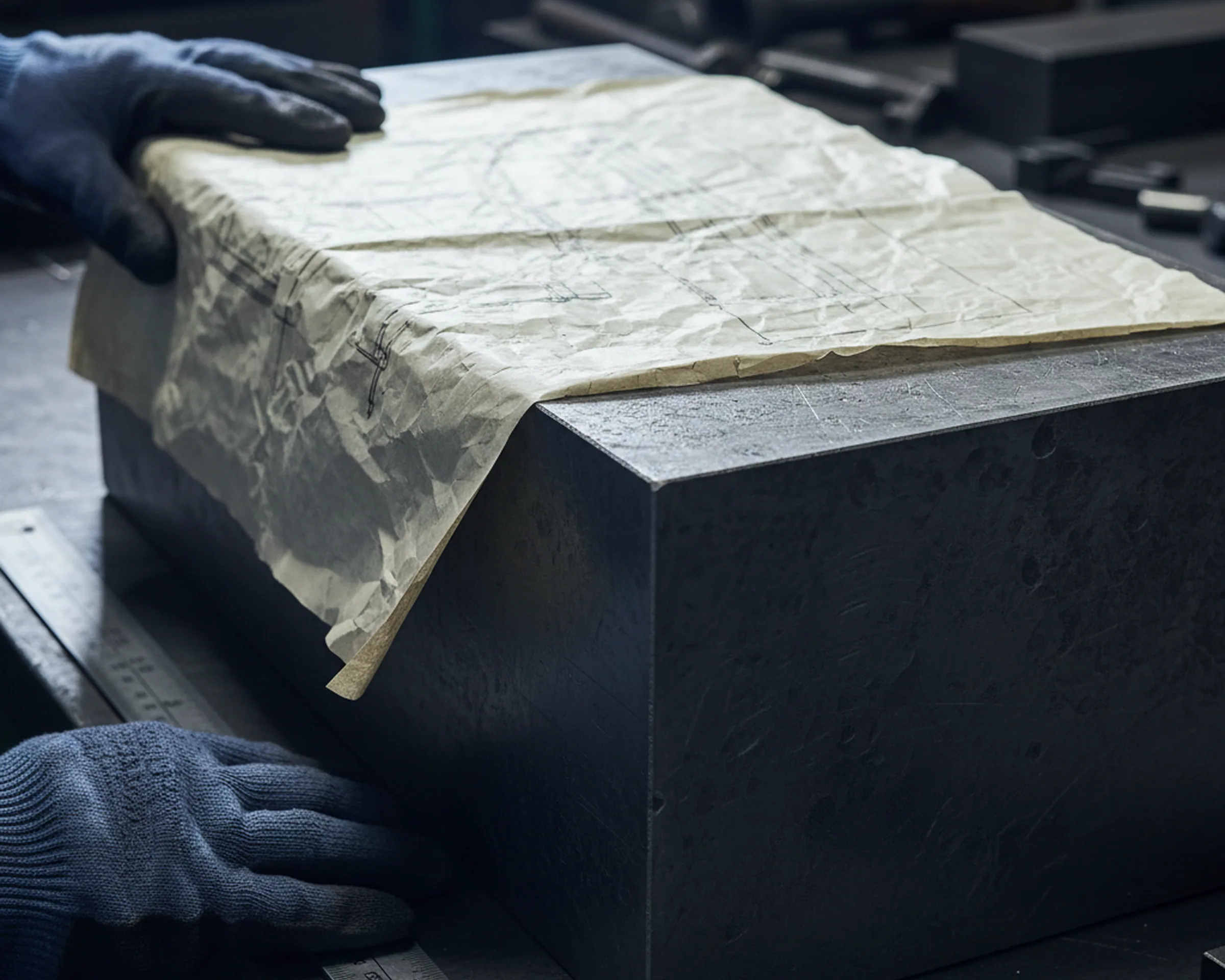 Engineering drawing laid across an annealed tool steel block before custom tool steel machining begins