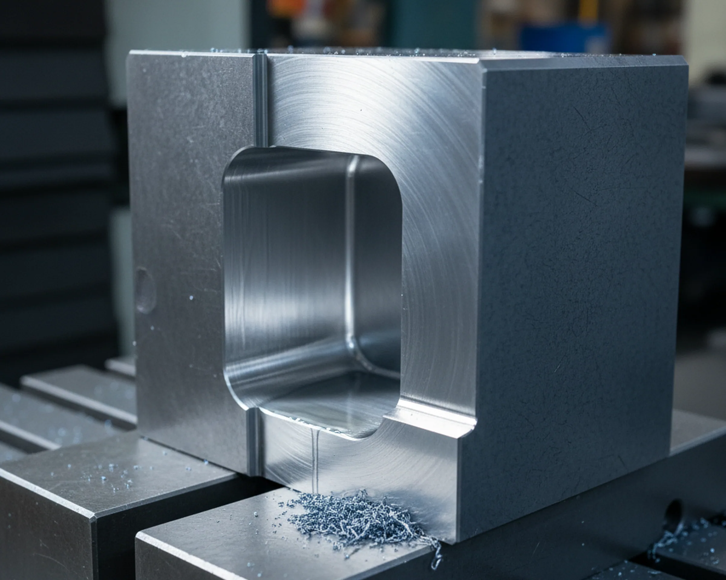 Milled pocket and stepped profile cut into a tool steel block on a vertical machining centre