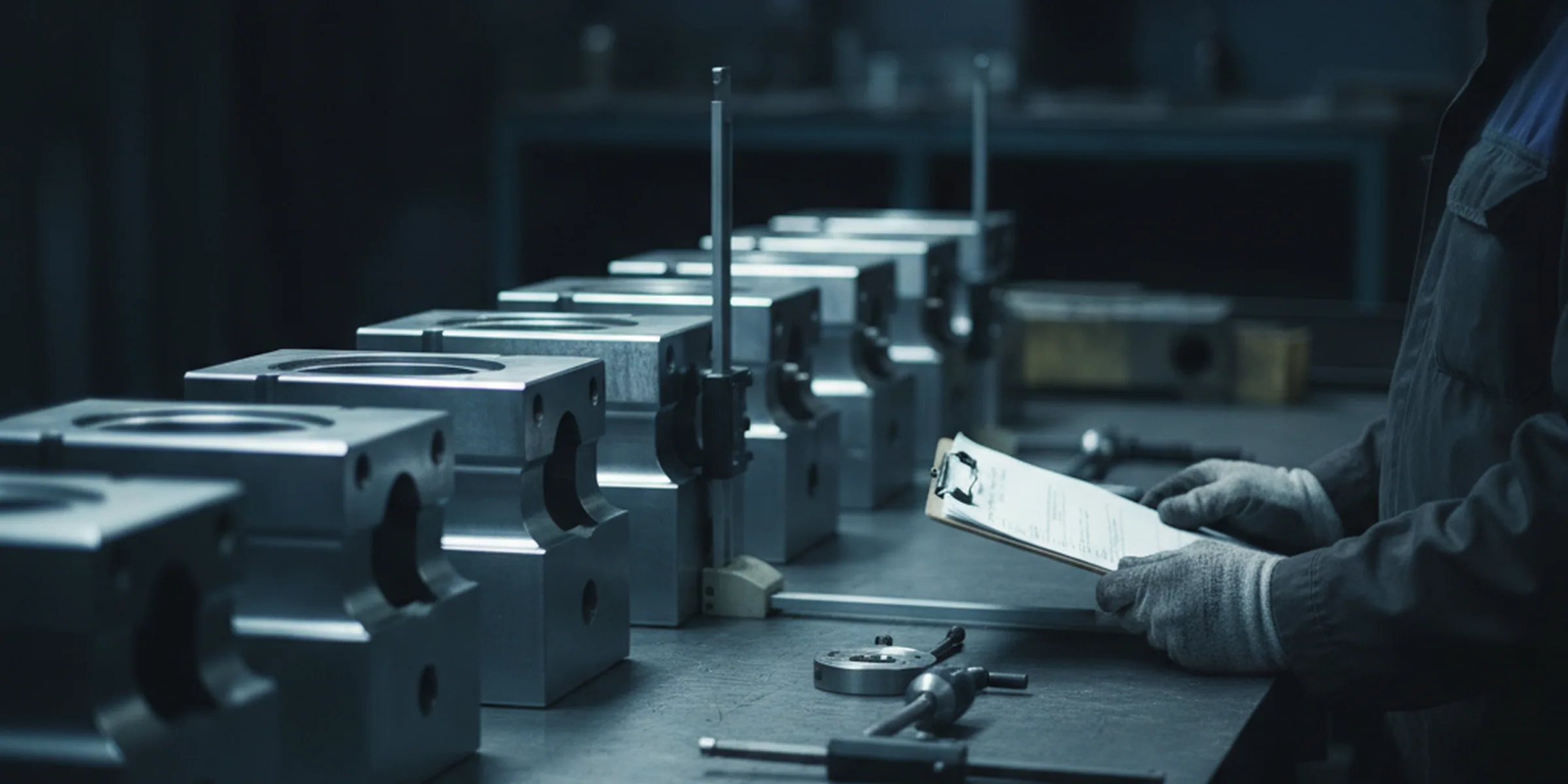 Dimensional inspectors signing the measurement on machined tool steel parts in the finishing area