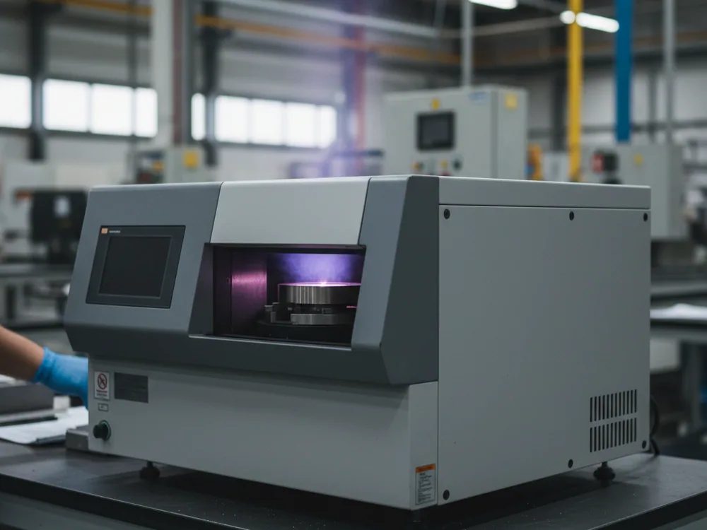 Optical emission spectrometer analysing a D3 tool steel heat sample