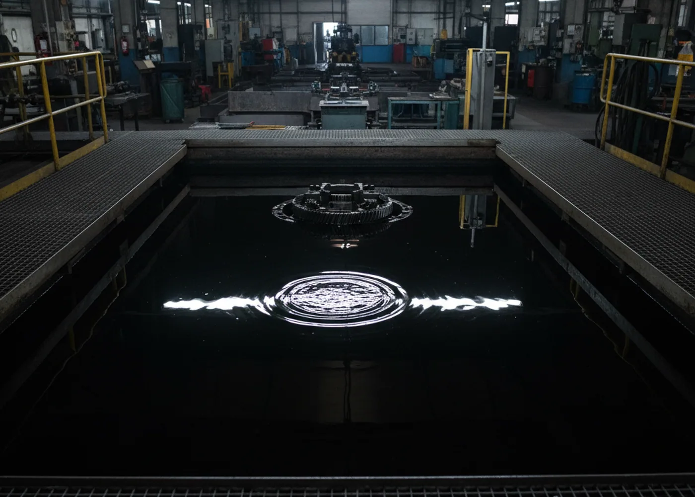 Quench tank in a hardening shop where D3 tool steel is taken down in oil