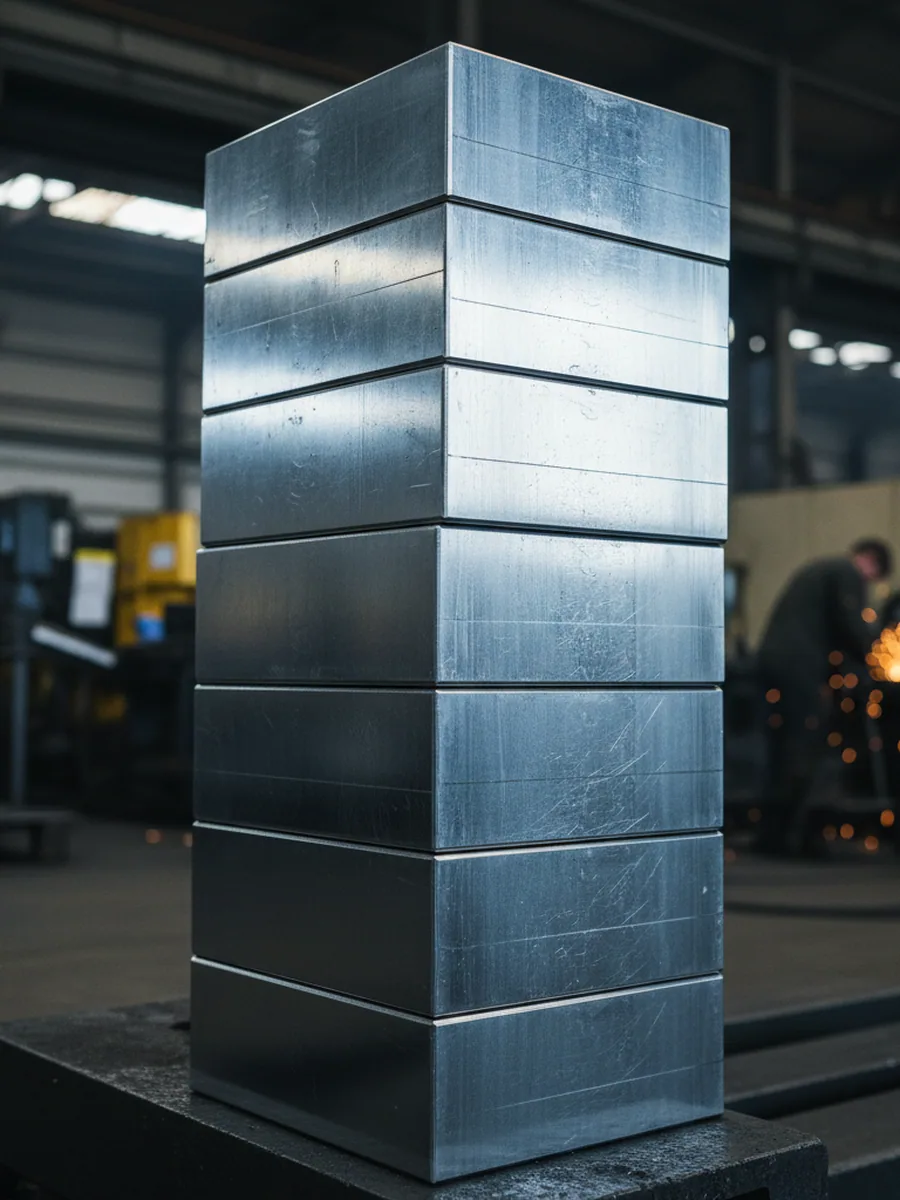 Six face milled cold work steel blocks stacked after machining