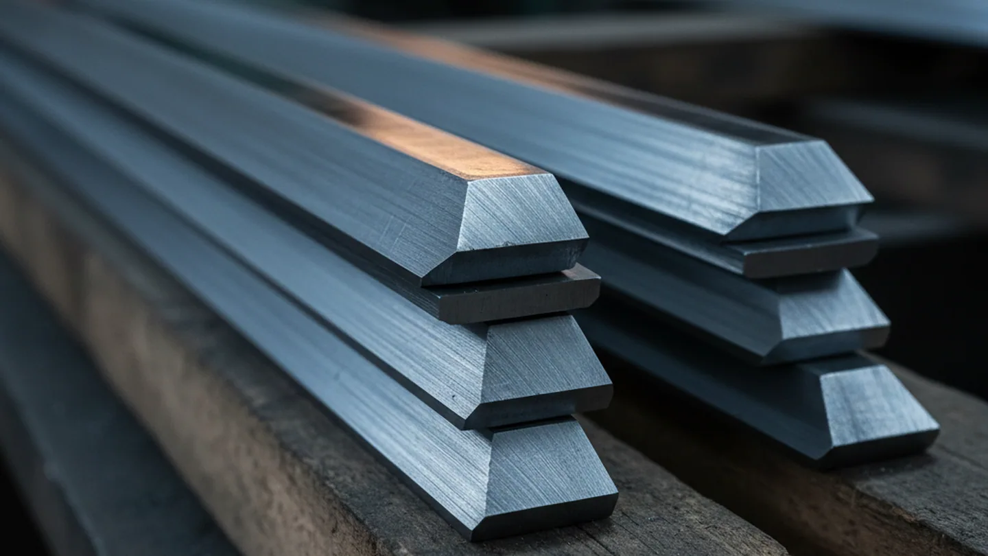 Long ground shear blades for thin gauge stock resting edge upward