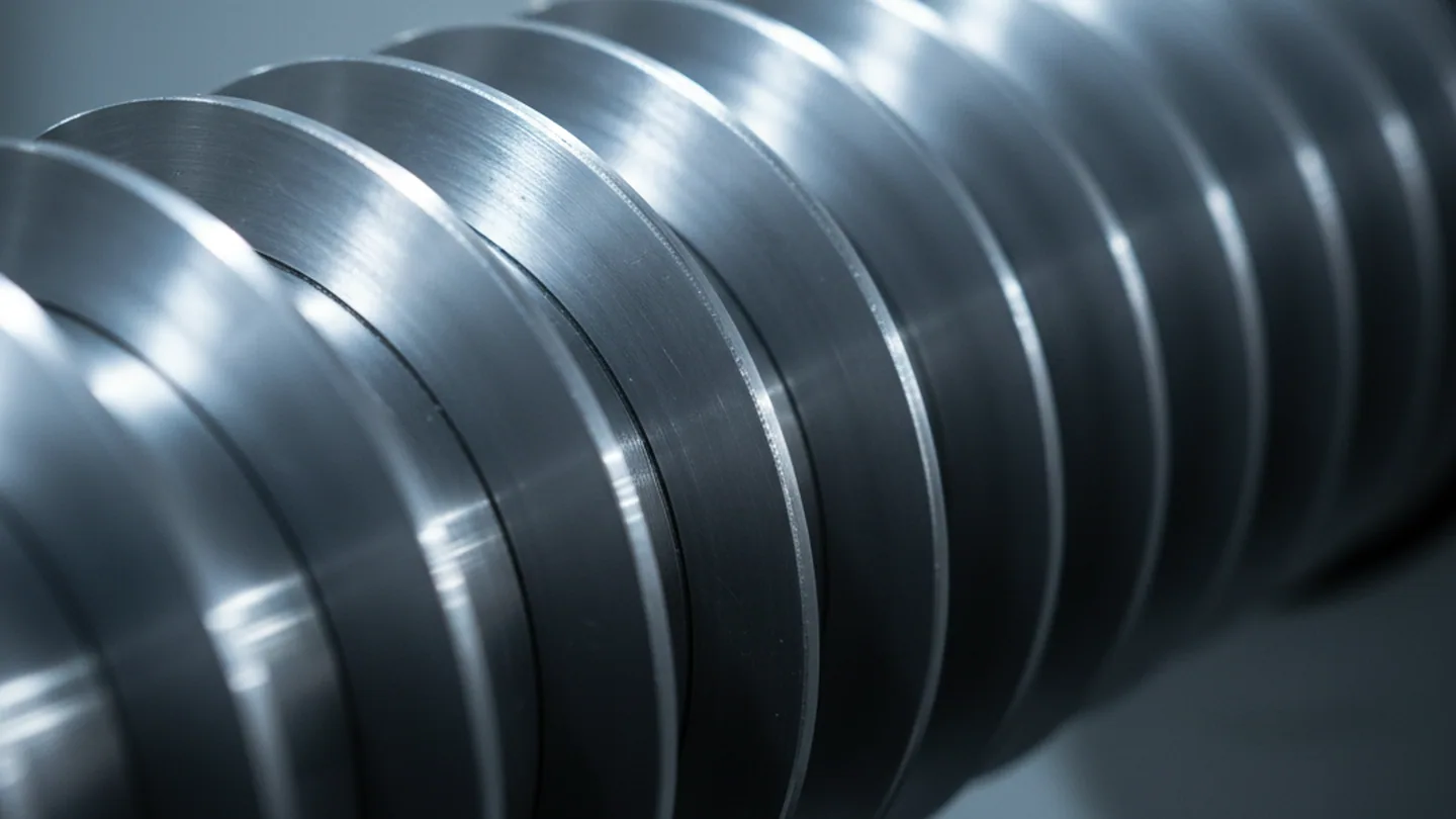 Circular slitting knives and spacers in D6 tool steel stacked on an arbor