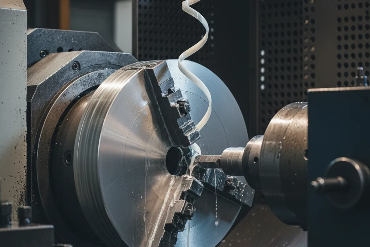 CNC lathe turning a circular knife blank from cold work tool steel