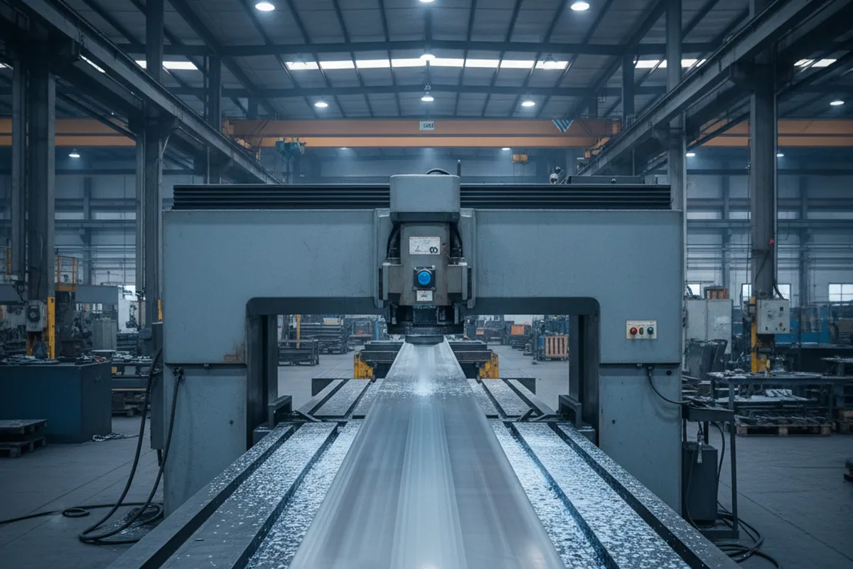 Gantry grinder finishing a long D6 tool steel blade blank