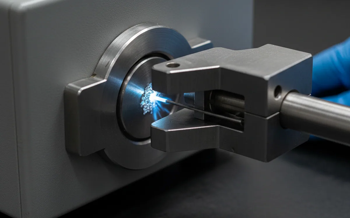 Optical emission spectrometer reading a D6 tool steel heat sample