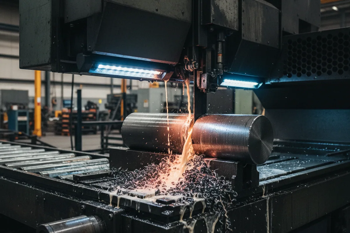 CNC band saw cutting cold work tool steel bar to length
