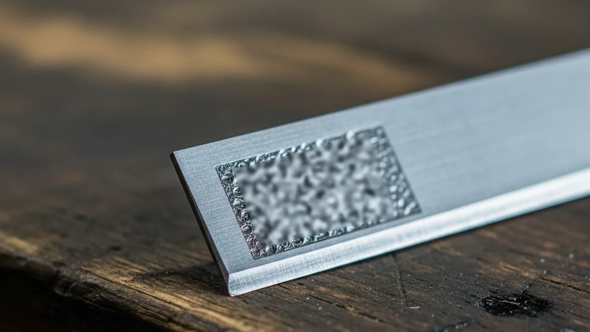 Heat number marked on a D6 tool steel blade clear of the faces that will be reground