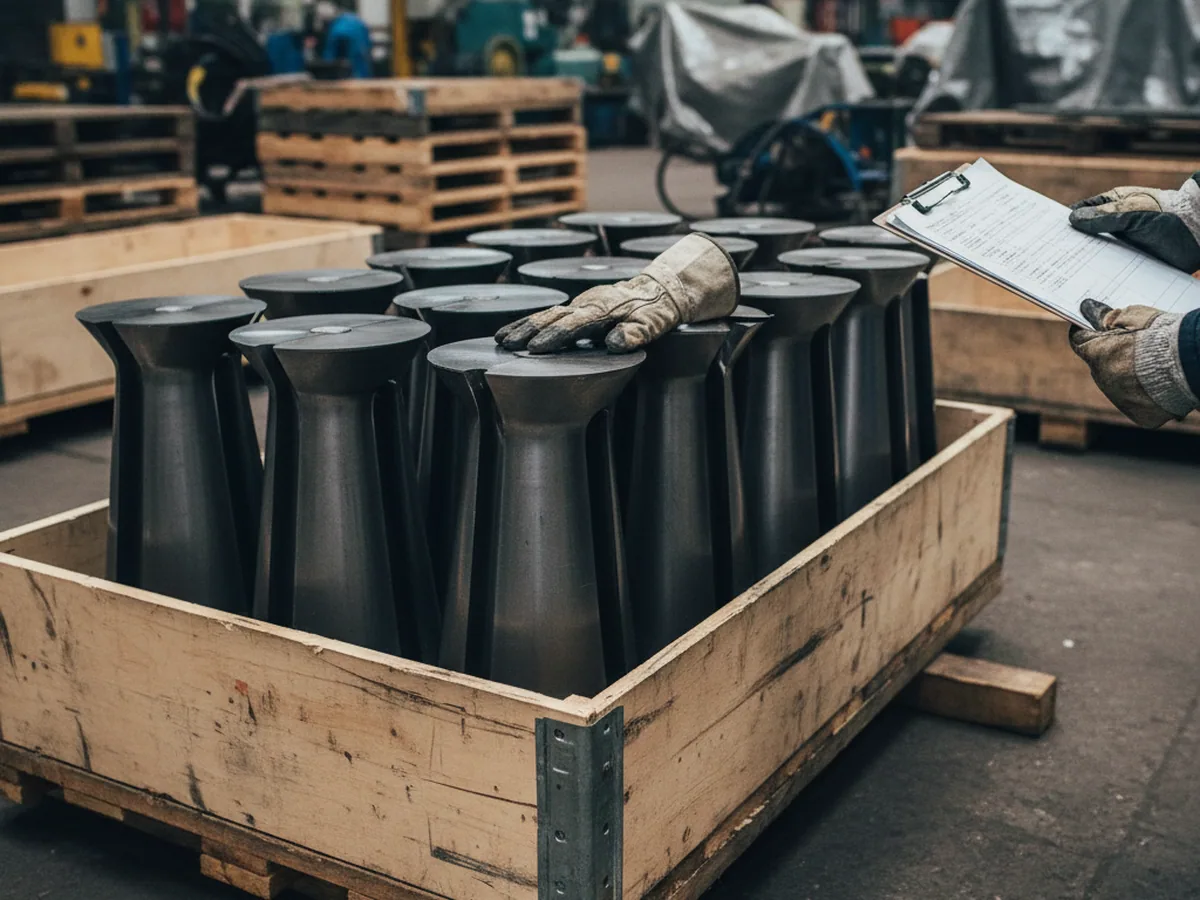 Opened crate of marked D6 tool steel blades being counted against the certificate
