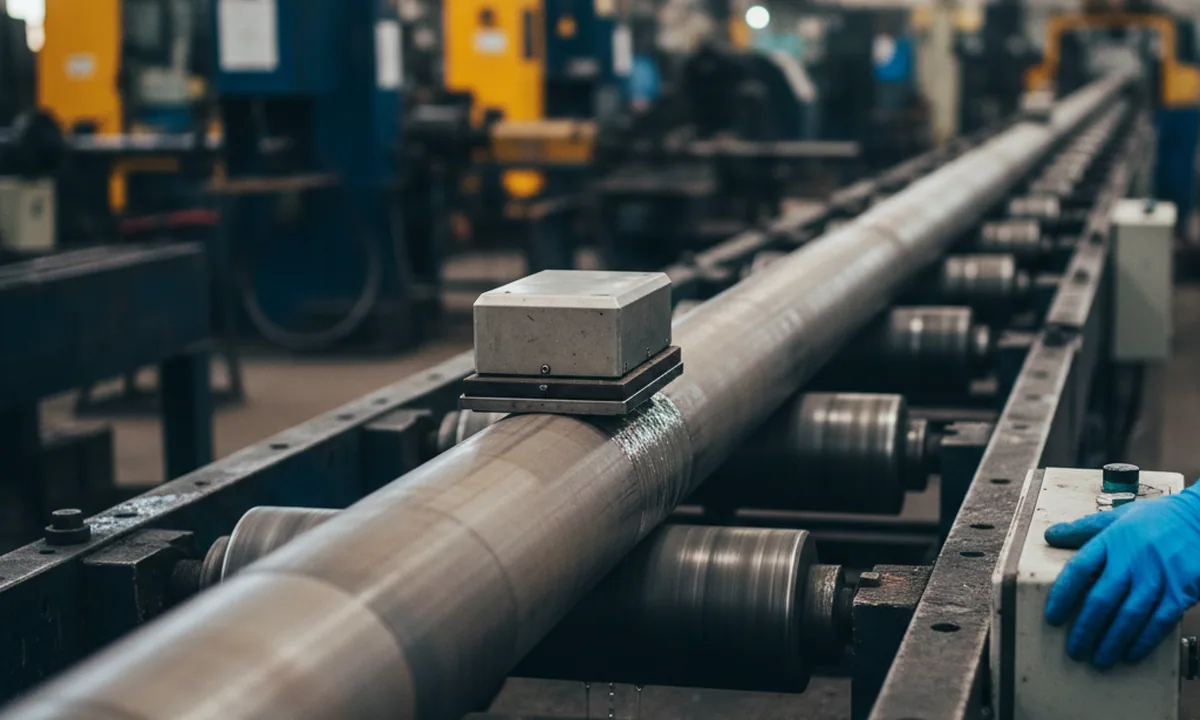 Long D6 tool steel bar passing an ultrasonic testing station one bar at a time