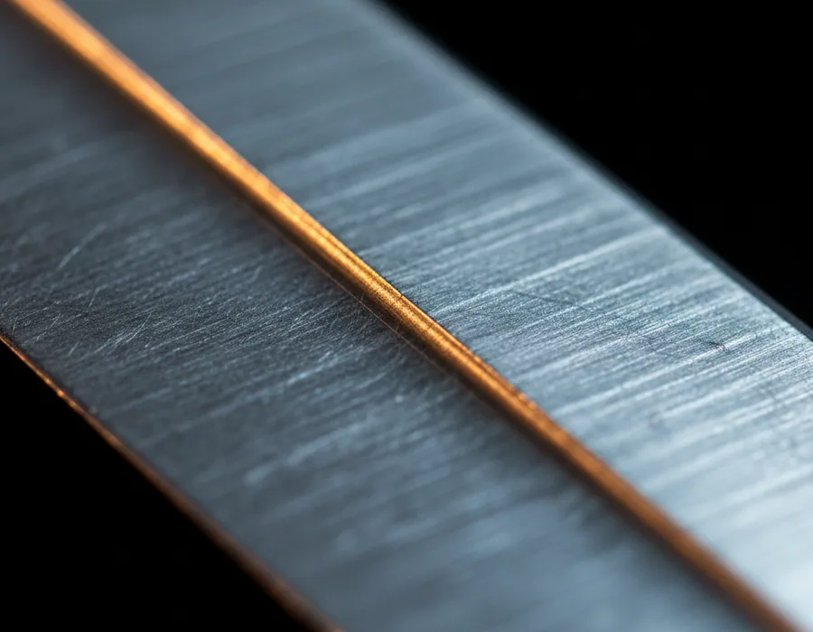 Ground edge of a D6 tool steel knife under raking light showing carbide texture
