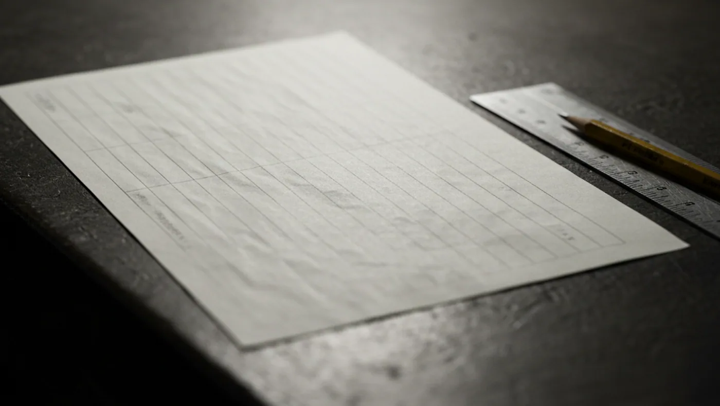 Analysis sheet for DC53 tool steel lying on a works desk, out of focus