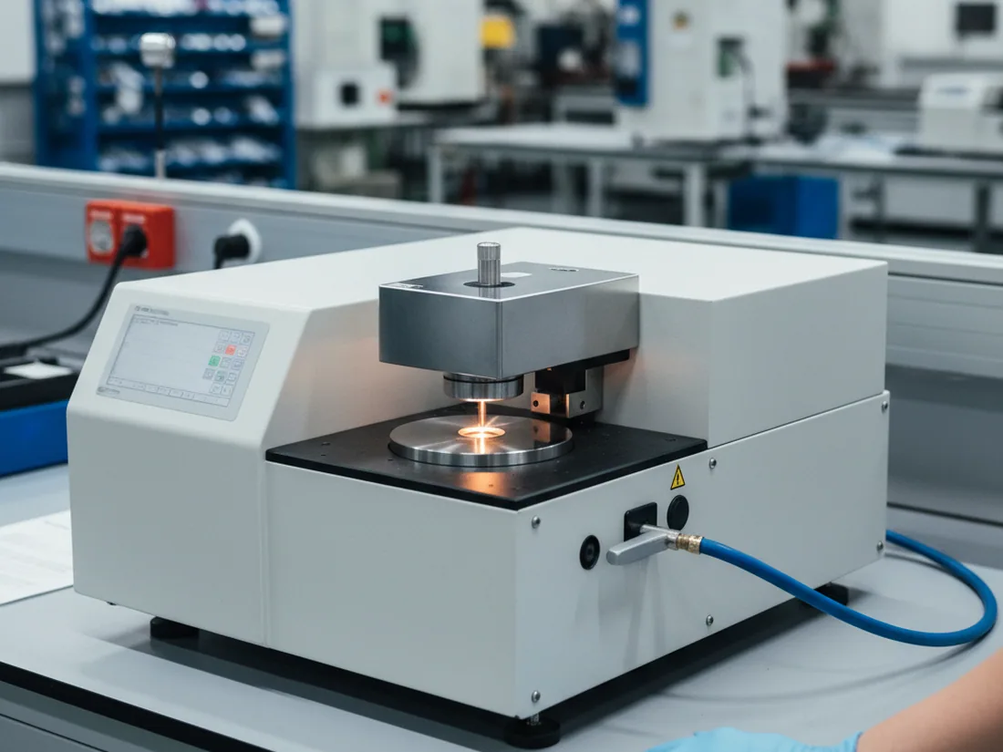 Optical emission spectrometer in the works laboratory reading a DC53 tool steel heat