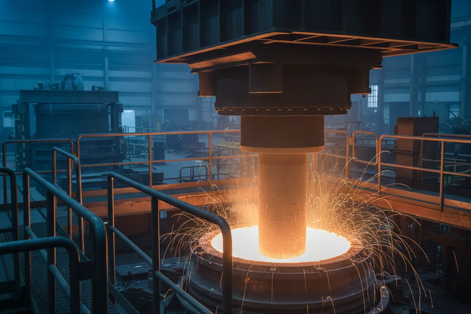 Electroslag remelting furnace running an ingot for a DC53 tool steel order