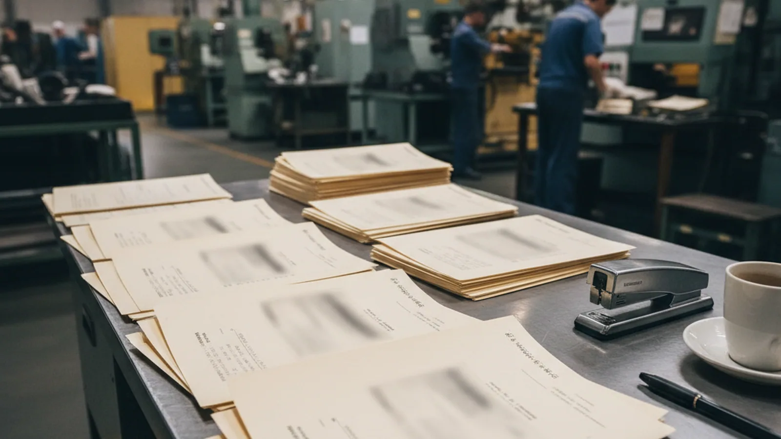 Certificate covers and invoices for a DC53 tool steel batch laid out on a distributor's desk