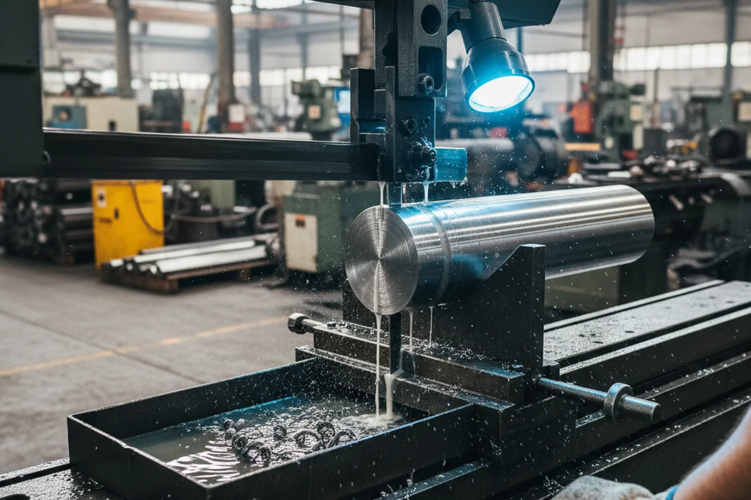 Band saw cutting DC53 tool steel bar to length before dispatch
