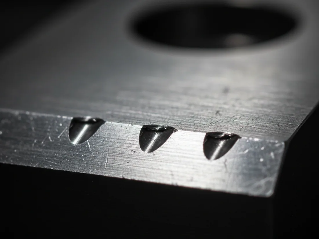 Chipped cutting edge on a worn cold work die insert seen under raking light