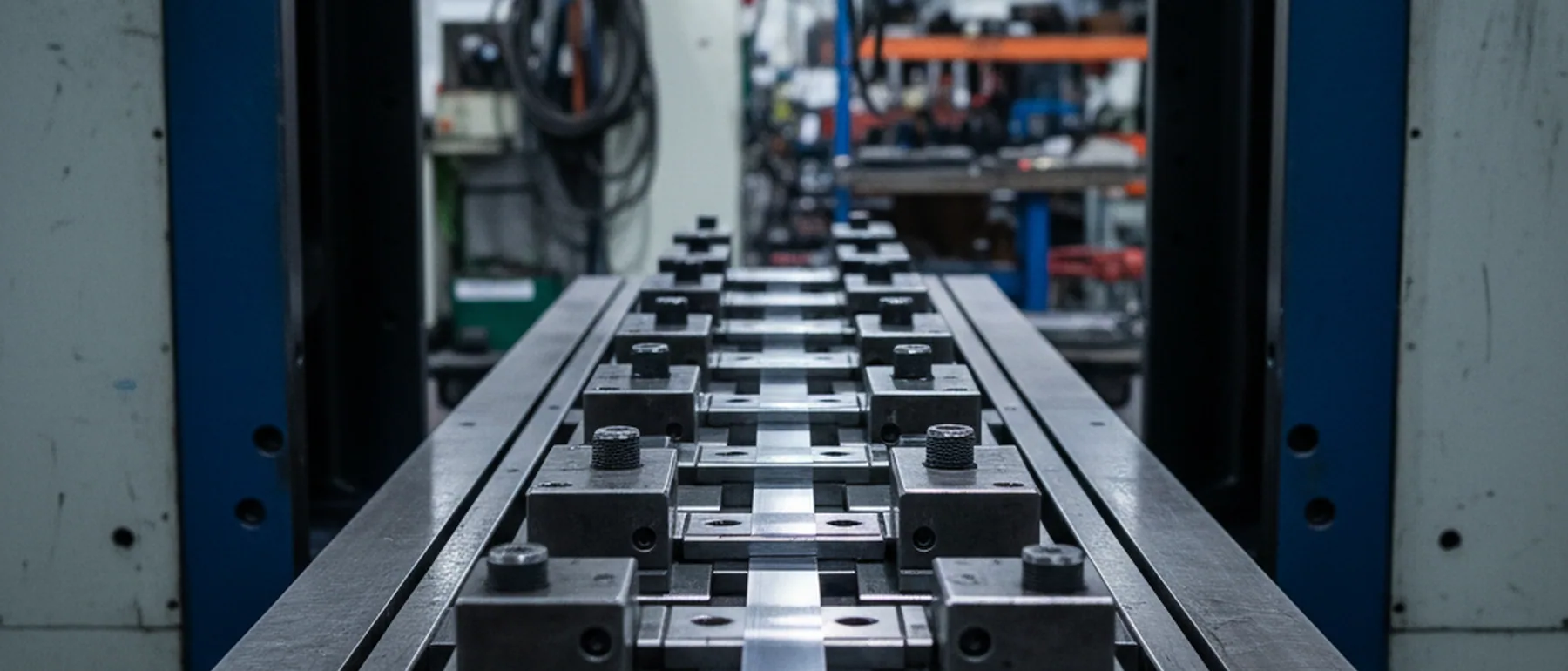 Progressive die tool on the press bed with several blanking stations