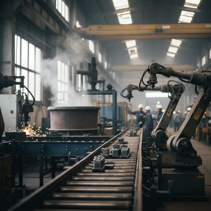 Row of electroslag remelting furnaces running continuously in the ESR tool steel shop