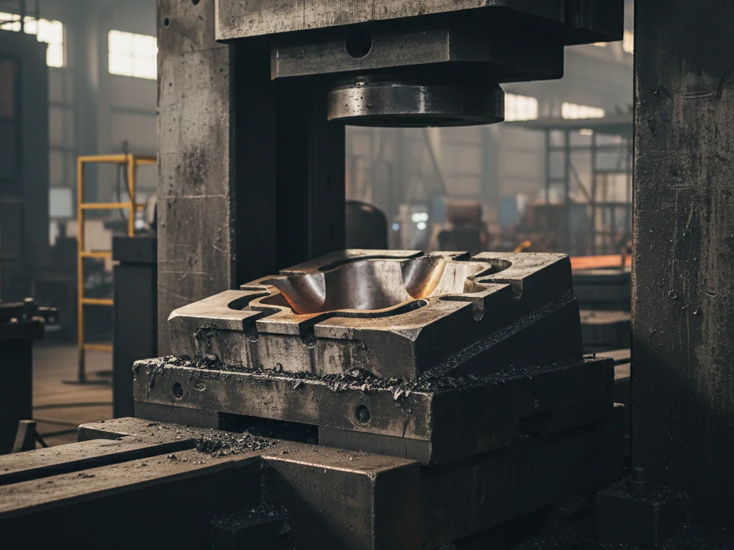 Hot forging die block in H11 tool steel with a sunk impression on the press bed