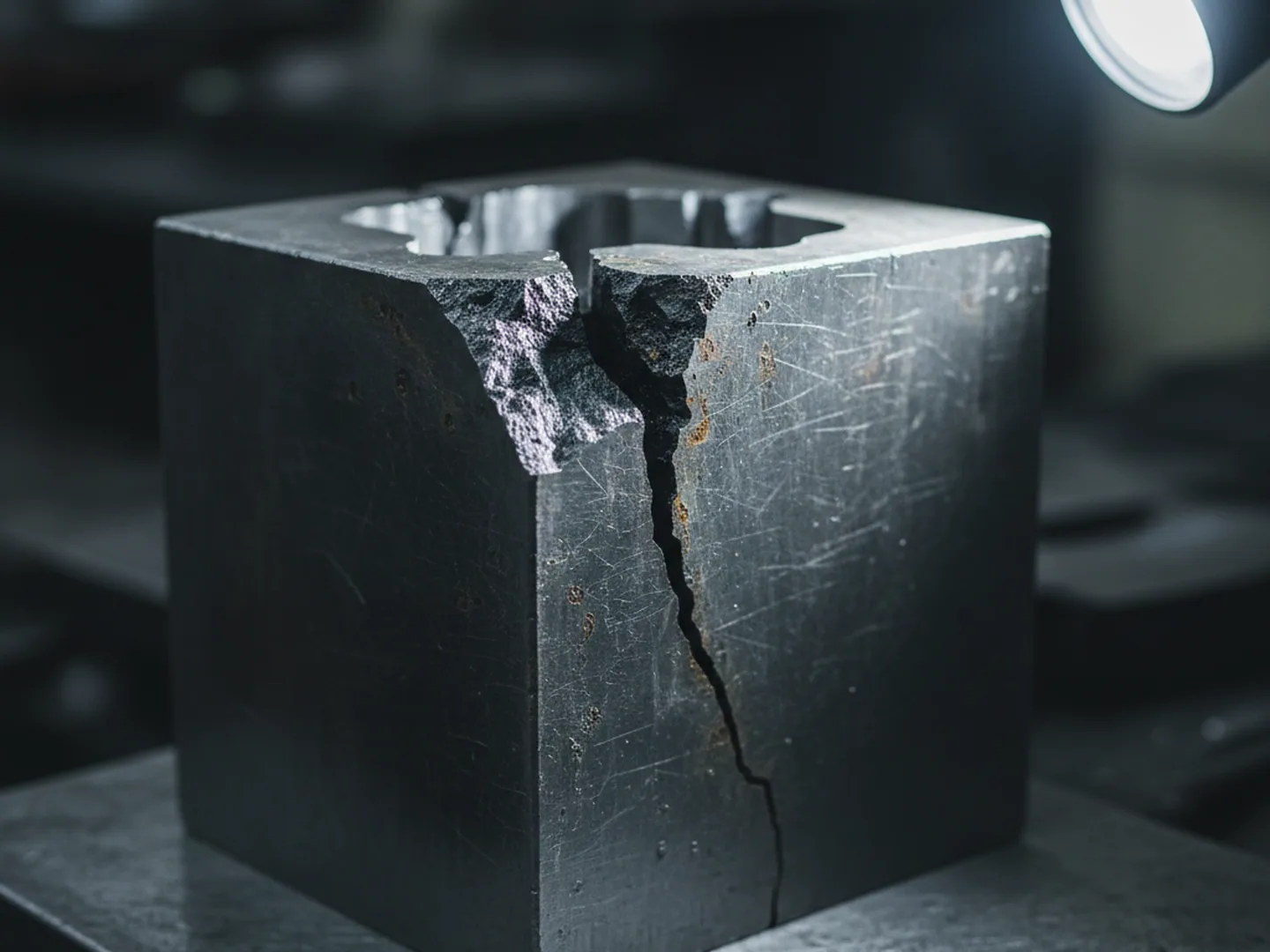 Cracked hot forging die block returned for examination against its H11 tool steel records