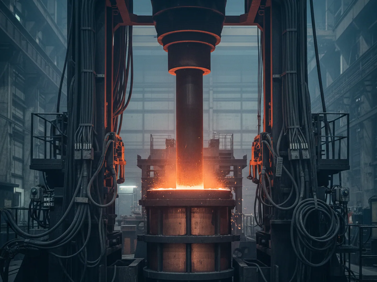 Electroslag remelting furnace running an H11 tool steel ingot