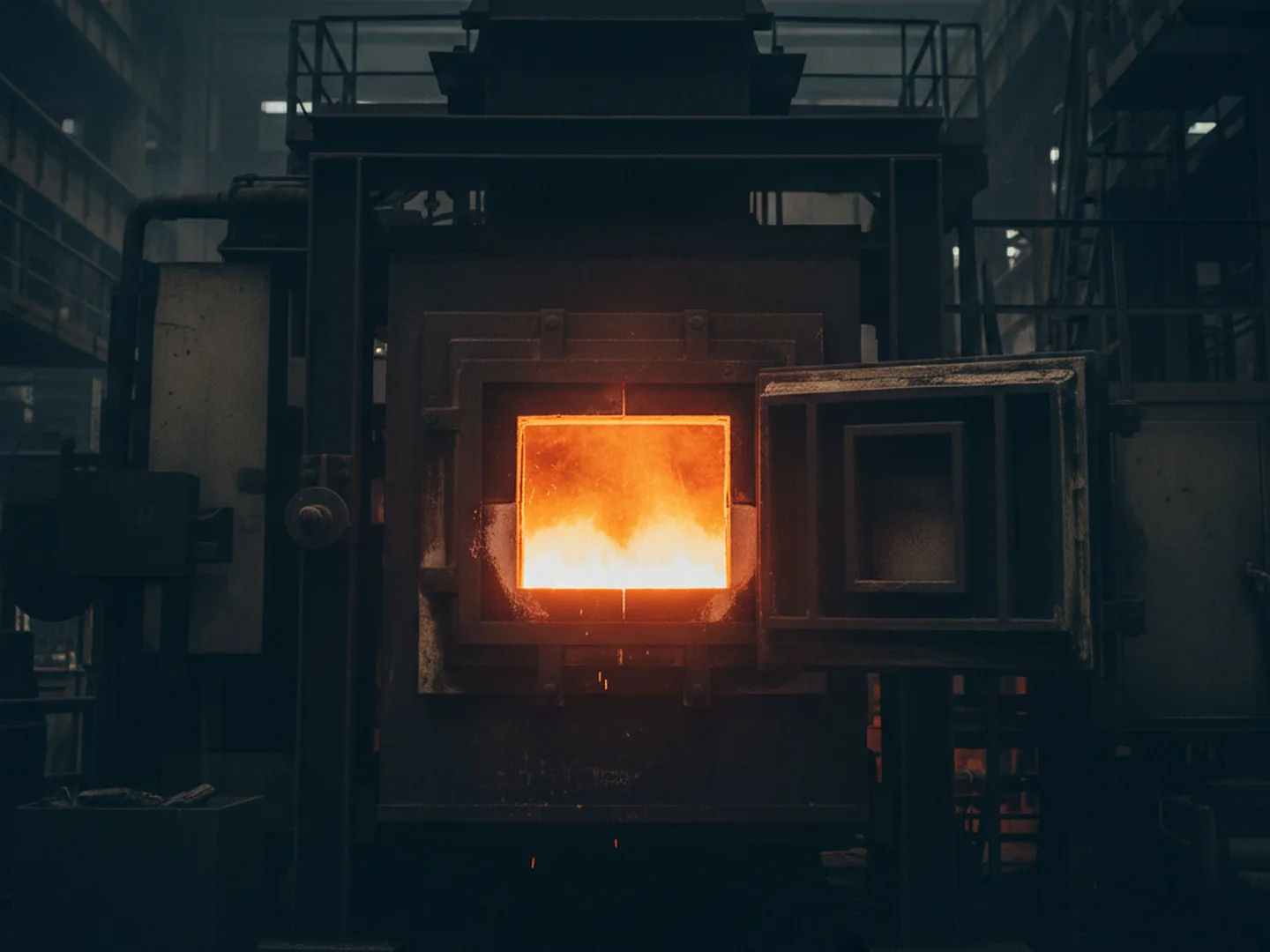 Hardening furnace at austenitising temperature, the furnace an H11 tool steel block meets after delivery