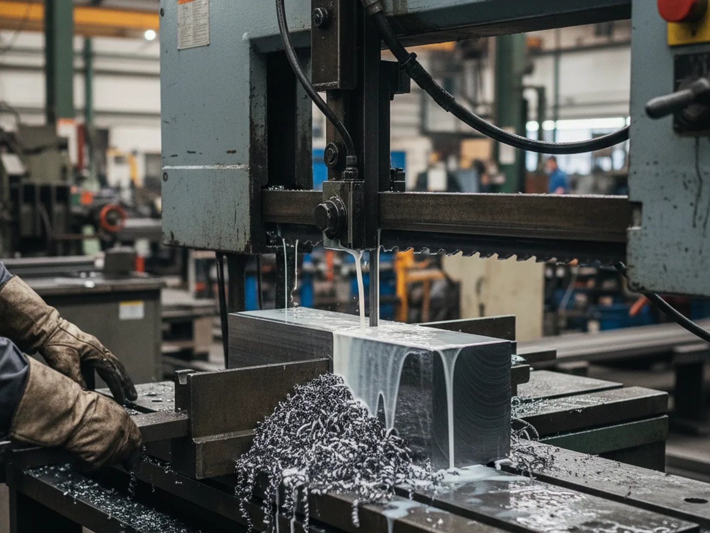 Band saw cutting an H11 tool steel block to the forging direction written on the order