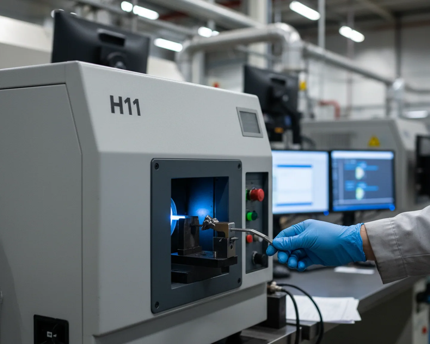 Optical emission spectrometer reading the composition of an H11 tool steel heat