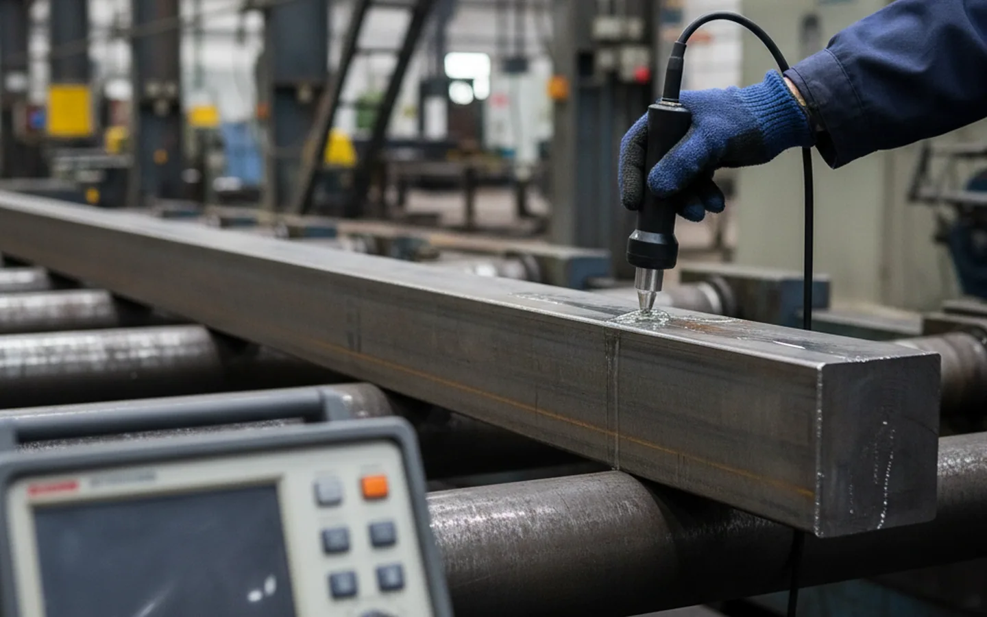 Operator running an ultrasonic probe along a single H11 tool steel bar before release