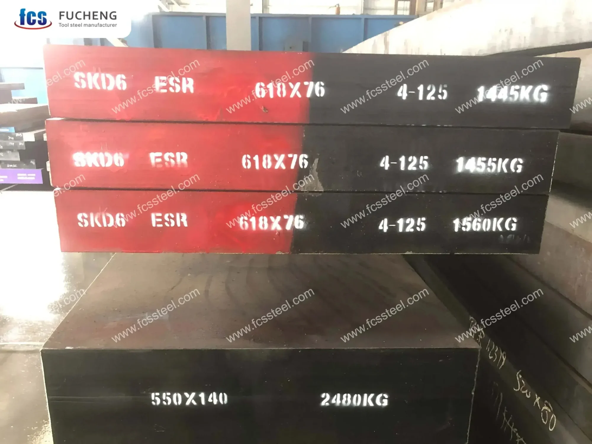 Electroslag remelted hot work flat bar stacked and labelled by section and weight