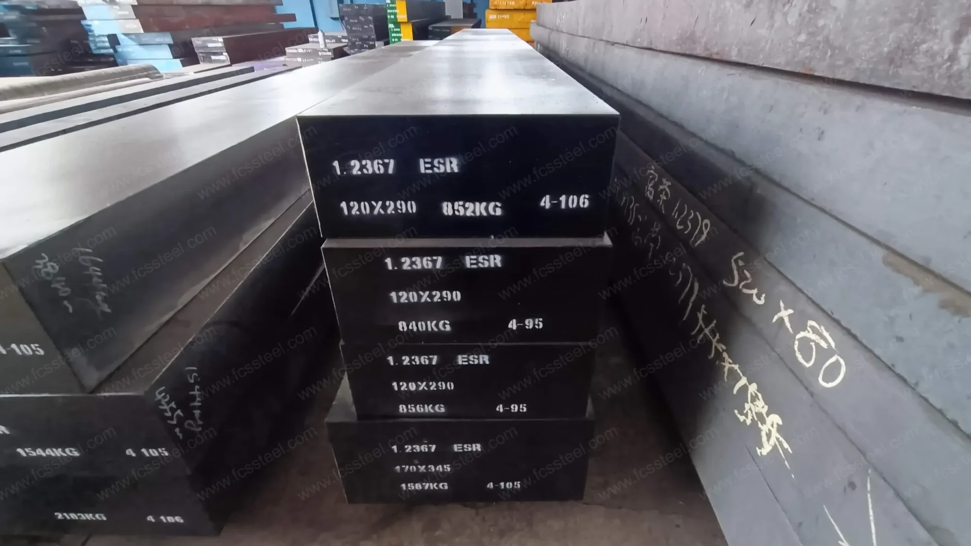 Ground and milled hot work plate stacked and labelled by section and weight