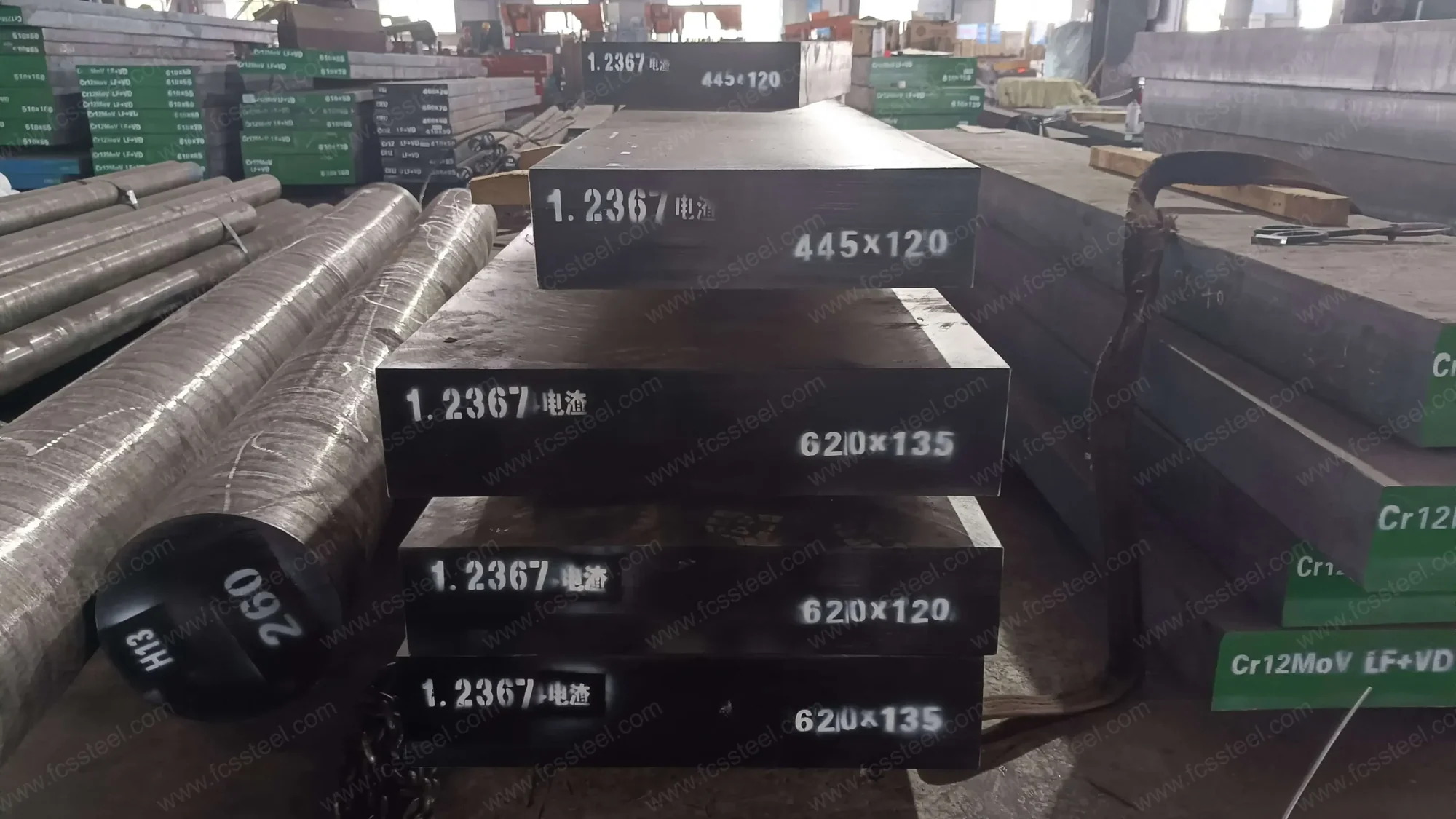 Annealed hot work plate stock marked and stacked as delivered, before the customer hardens it