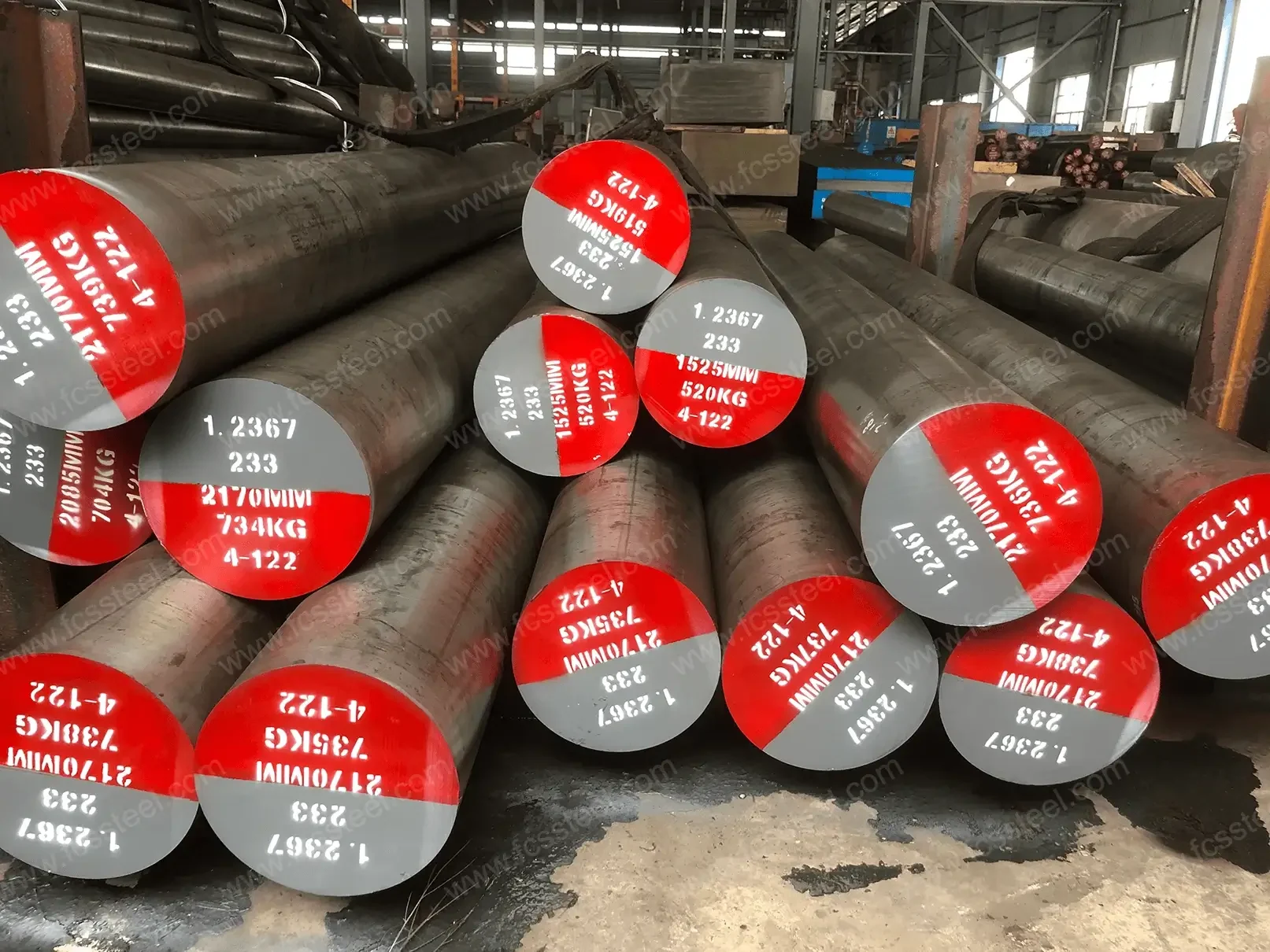 H13 tool steel bar ends each painted with grade, section and heat number