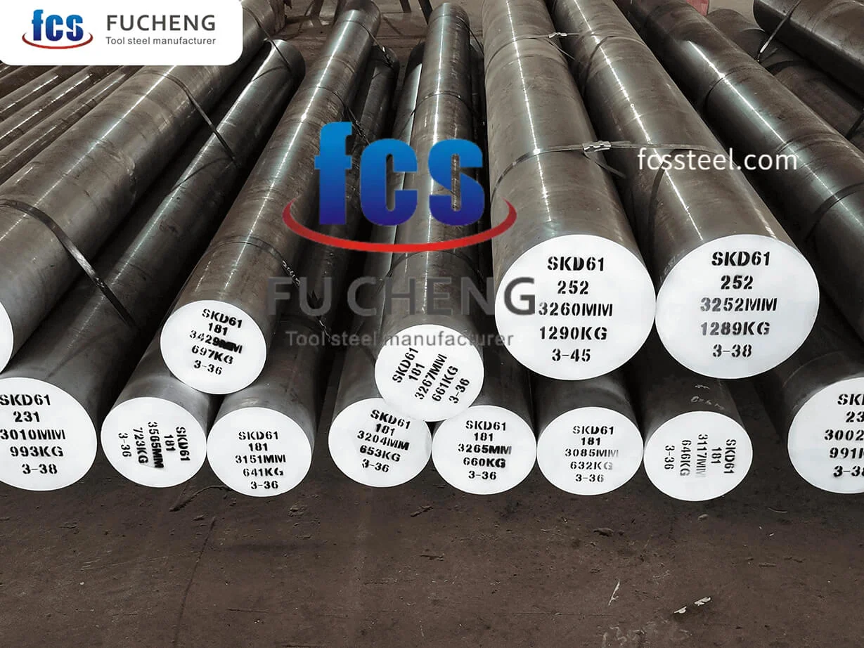 Round bar ends tagged SKD61 with diameter, length, weight and heat number