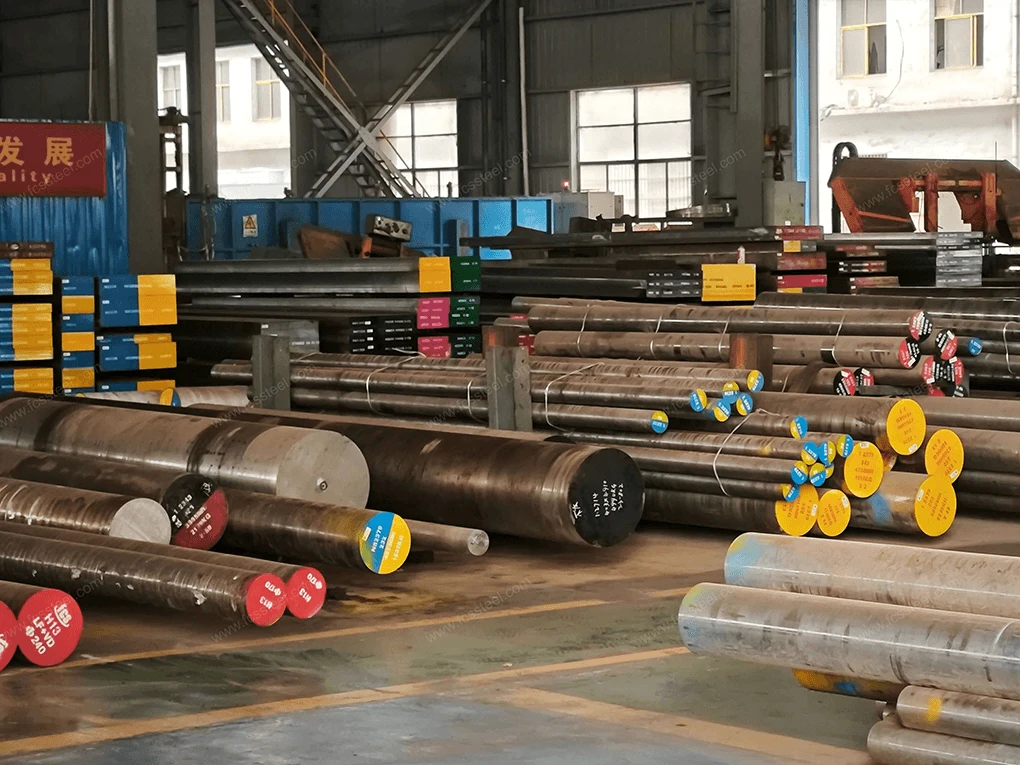 Finished goods warehouse holding tool steel bar and plate tagged by grade and heat