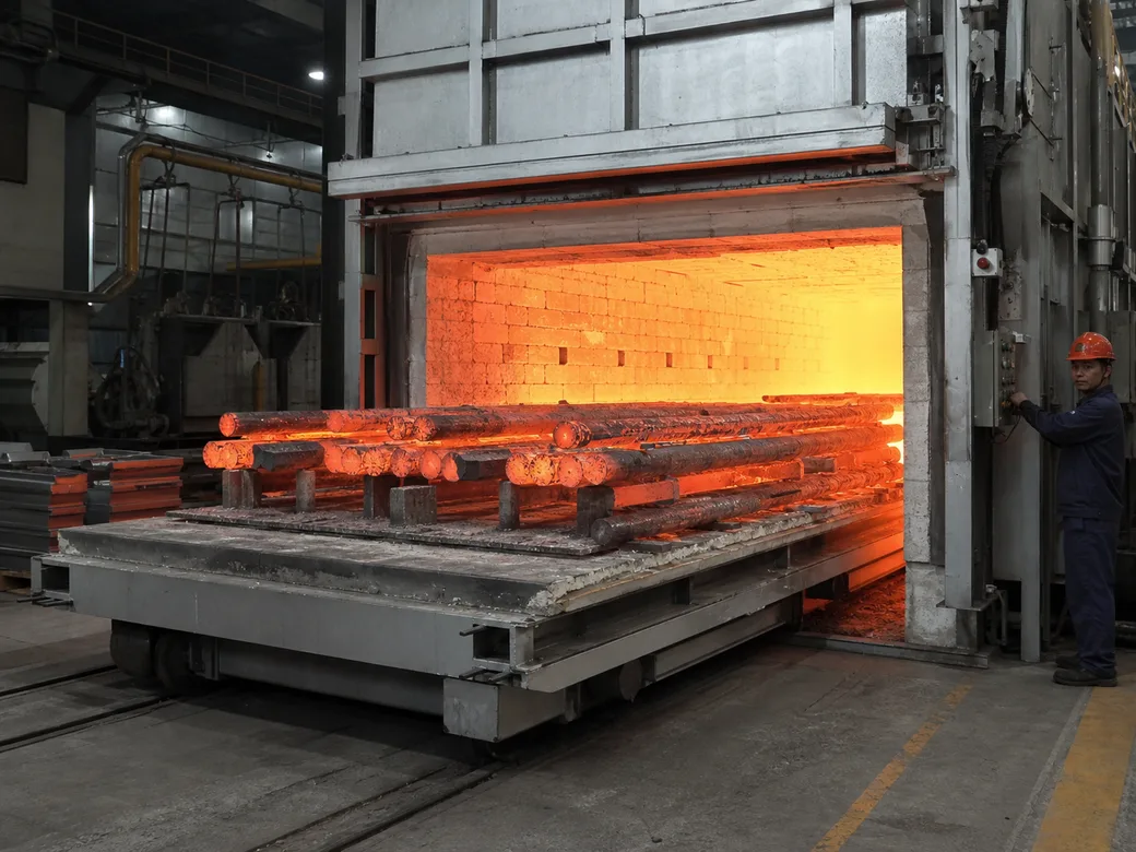 Annealing furnace at a tool steel manufacturer with hot bars on the car bottom