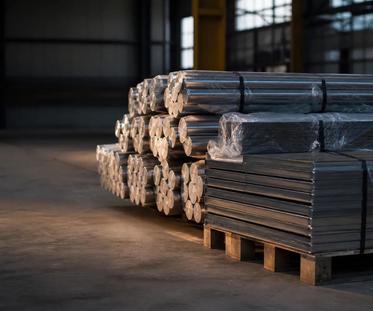 Round bar and plate stacked by size in the finished goods warehouse