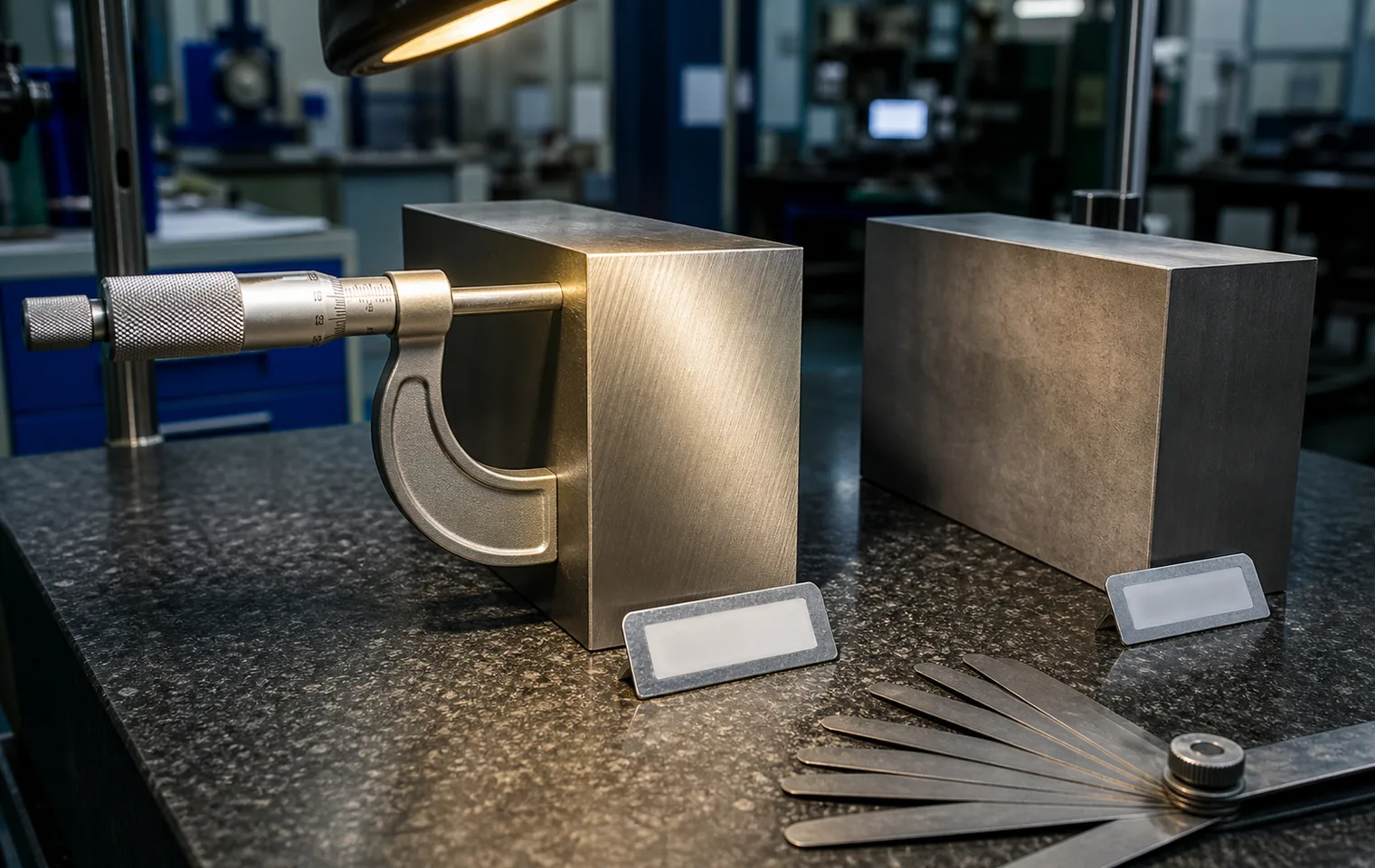 Micrometer and two finished tool steel blocks on an inspection bench