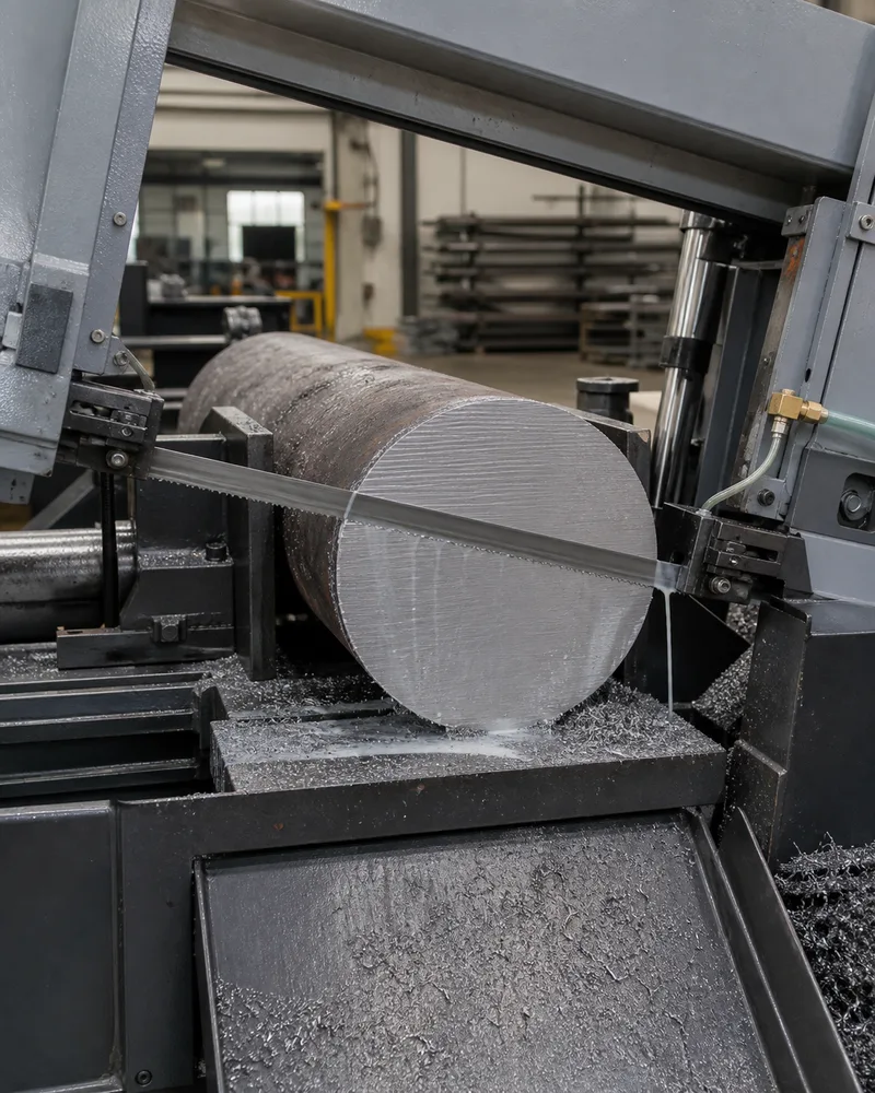 CNC band saw cutting a large diameter tool steel round bar to length