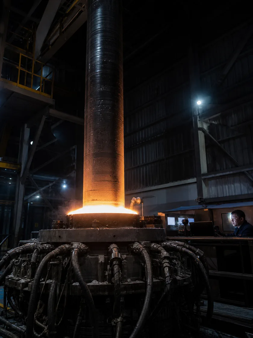 Electroslag remelting column glowing above the mould in the refining shop