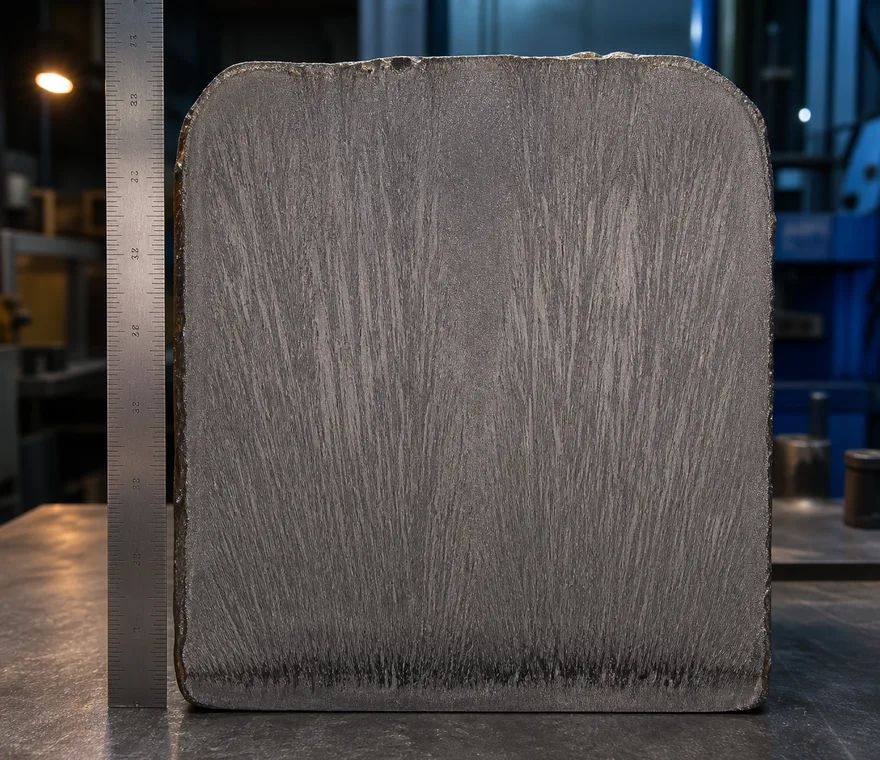 Macro-etched cross section of a forged tool steel section showing the worked structure