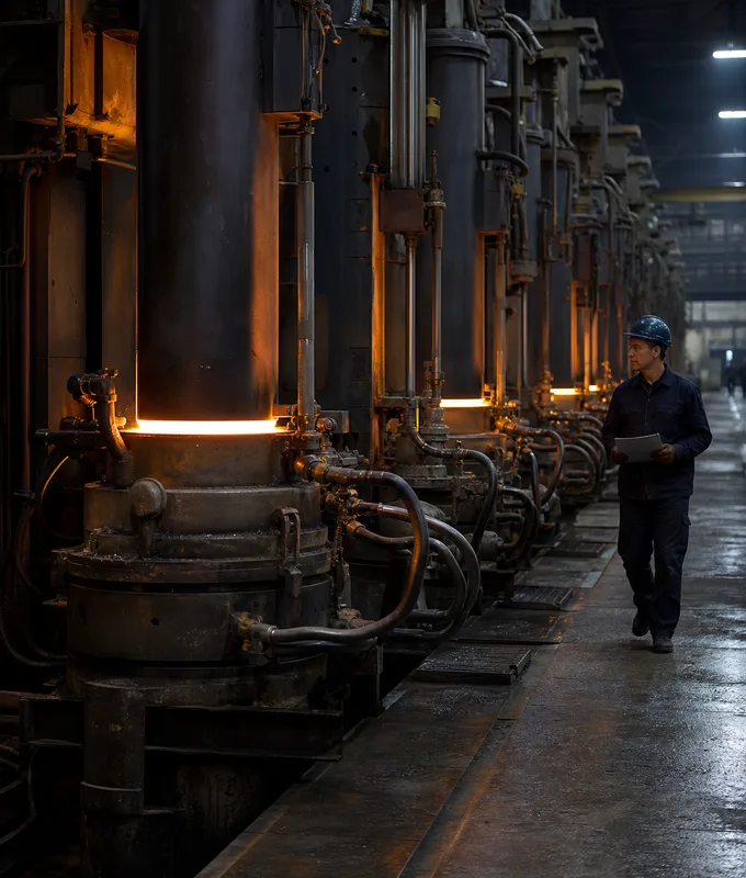 Row of electroslag remelting furnaces running continuously in the refining shop