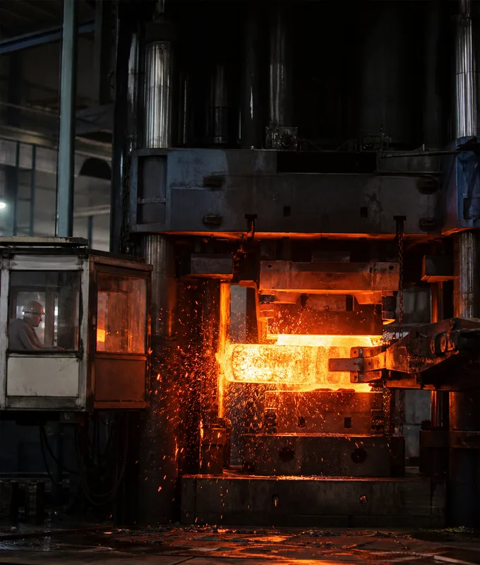 Glowing tool steel billet under the 2,500 tonne fast forging press